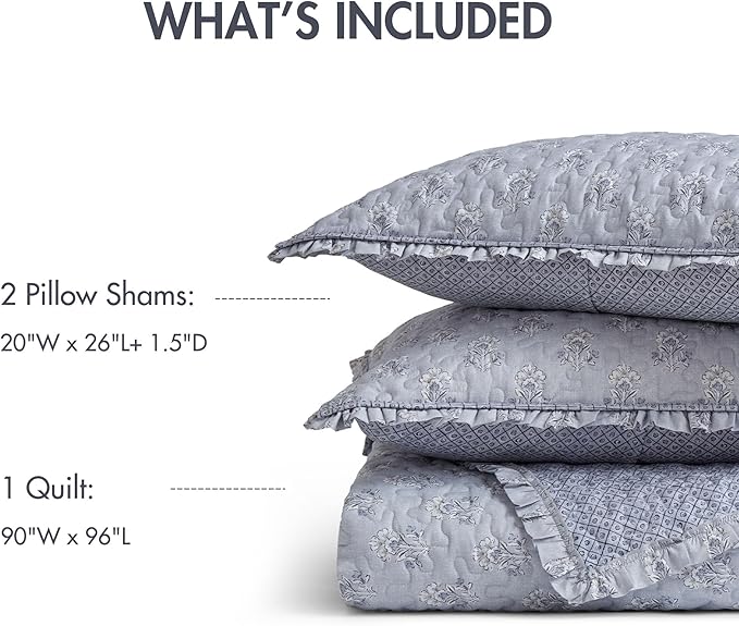 Madison Park Vintage Floral Quilt Set Queen Size, Reversible Bedding & Lightweight Bedspread Set, Traditional Block Print Coverlets with Ruffled Edge, 3-Piece with 2 Shams, Blue