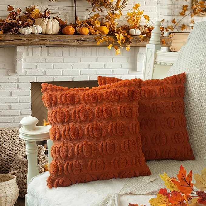 GEEORY Fall Pillow Covers 18 x 18 Inch Set of 2, Fall Decorations Pumpkins Soft Plush Fluffy Faux Fur Wool Decorative Autumn Thanksgiving Farmhouse Cushion Case for Sofa Rust GC001-18