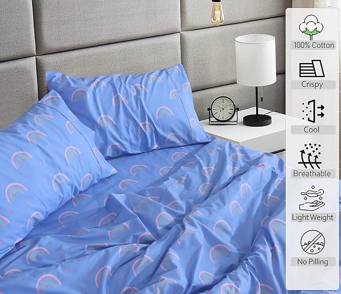 RUVANTI 100% Cotton Sheets Queen Size Set, 4 Pieces, Soft & Breathable Percale Weave Bedding, Deep Pocket 16", Hotel Standard, Crisp Cool Feeling, Durable, Perfect Floral Bed Sheet, Baby Rainbow
