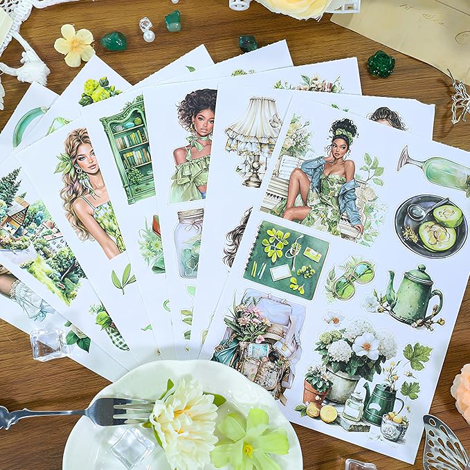 Snycler Sticker Book - 20 Sheets Vintage PET Stickers for Scrapbooking, Junk Journaling, Ephemera, and Decorative Crafts-Fresh Green