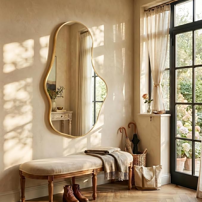 Dorlicecass Irregular Wall Mirror - Wall Mirrors Decorative 22"x 36" Asymmetrical Abstract Mirror Aviation Aluminum Alloy Frame Unique for Bathroom, Bedroom, Living Room, Cloakroom, Entryway Gold