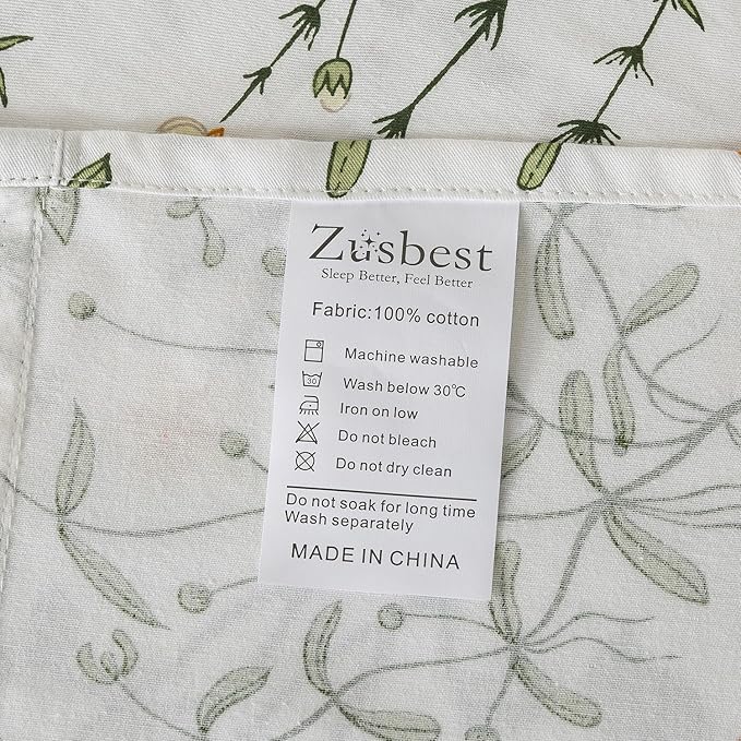 Zusbest Full Size Sheets 100% Percale Cotton Green Floral Bed Sheet Set Yellow Flower & Green Leaves Botanical Pattern Printed on White Garden Luxury Crisp Soft Deep Pocket Fitted Sheet 17.5'' 4Pcs