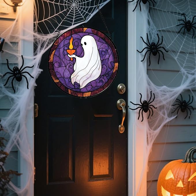 Stained Glass Window Hanging - Halloween White Ghost Purple Suncatcher for Doors Window Garden Spooky Candlelight Sun Catchers Gothic Decor Horror Gifts for Women Men Friend Boy Girl 11.8 in