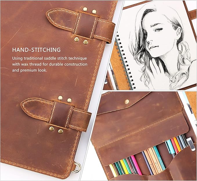 Robrasim Handmade Leather Sketchbook Cover, Artist Sketch Pad Holder for 9"X12" Sketchbook, Drawing Book and Pencil Case, Journal Notebook Portfolio with Shoulder Strap, Artist Gifts, Brown