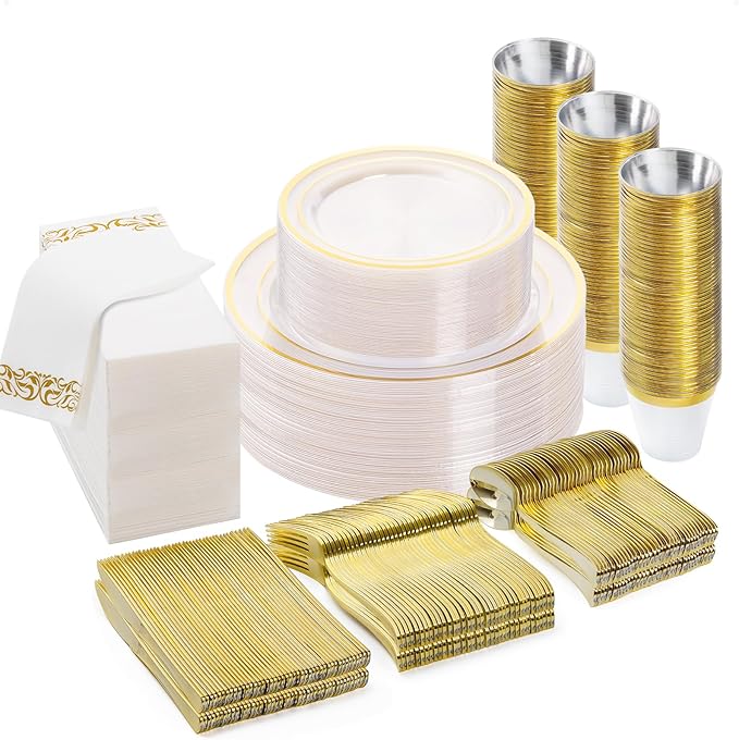 BESTVIP 350PCS Clear Gold Disposable Dinnerware Set for 50 Guests, Plastic Plates for Party, Wedding, Christmas, Halloween, Include: 100 Plastic Plates, 50 Gold Silverware, 50 Cups, 50 Napkins