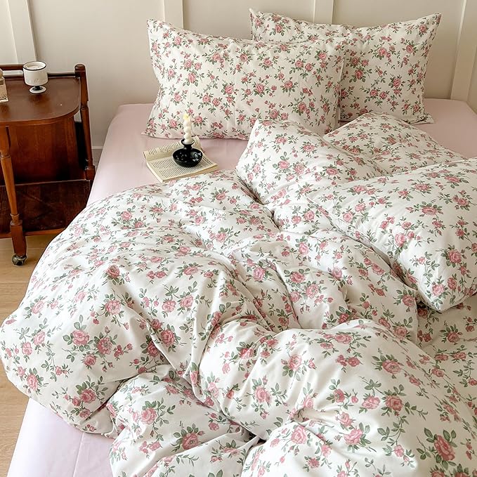 Pink Floral Duvet Cover Queen Soft Cotton Girls Cottagecore Bedding Set Botanical Peach Flower Comforter Cover with Zipper Closure Vintage Country Bedding Aesthetic Duvet Cover with 2 Pillowcases