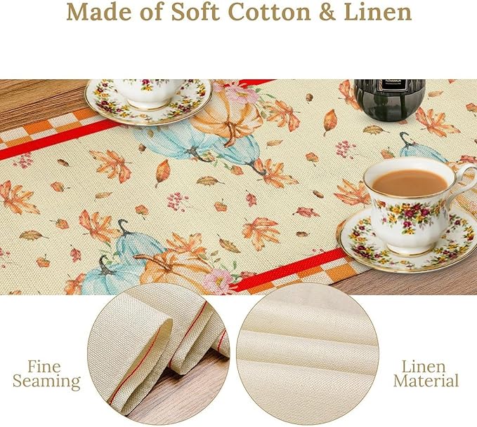 Watercolor Pumpkin Table Runner Fall Flowers Falling Leaves Cross Harvest Season Thanksgiving Rustic Home Decor for Farmhouse Indoor Outdoor Party Holiday Dining Kitchen Restaurant Cafe W13xL60in