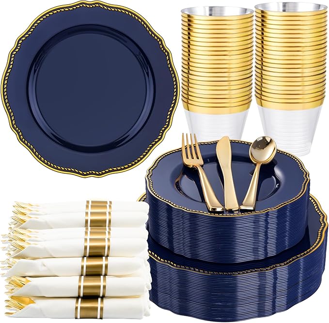 Hioasis 175pcs Blue Gold Plastic Plates - Gold Plastic Dinnerware Set Includes 25 Dinner Plates, 25 Dessert Dinnerware, 25 Cups, 25 Napkins Perfect for Christmas & Party