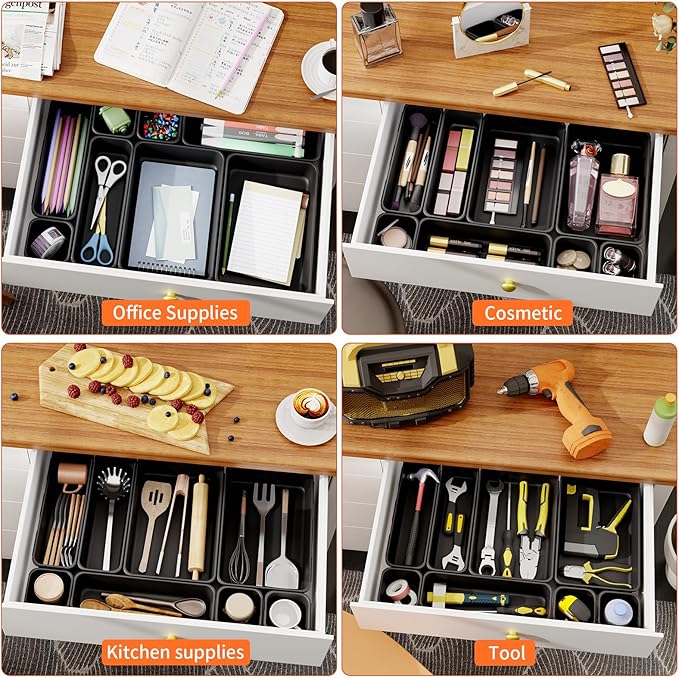 Giklux 45 Pack Desk Drawer Organizer Tray, 3 Sizes Plastic Drawers Organizer Storage for Kitchen, Bathroom, Office, Vanity, Makeup, Utensils, Junk Drawer Organizer Bins, Gadget Trays for Organizing.