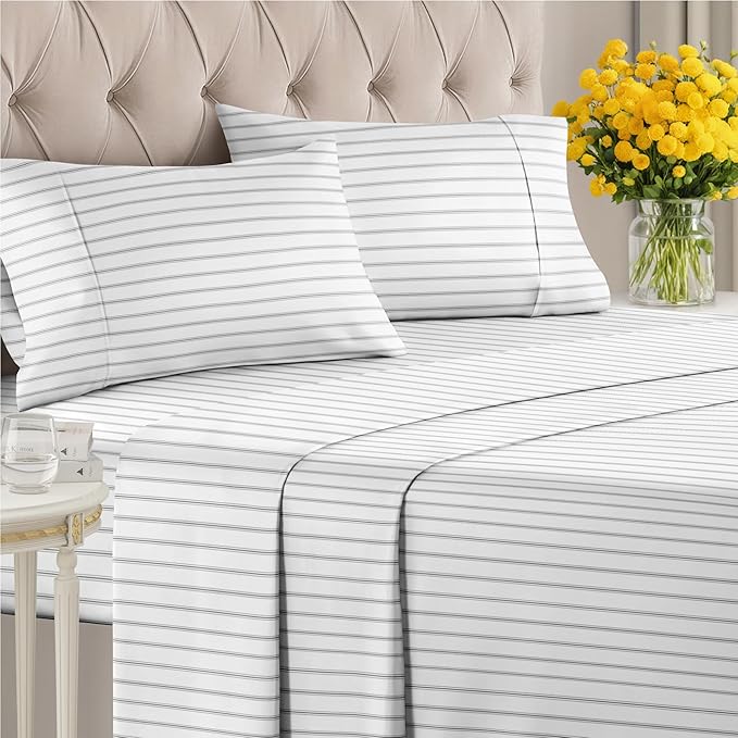 Striped Sheets - Black & White Striped Sheets - 1 Flat & 1 Fitted & 2 Pillowcases w/ Deep Pockets – Wrinkle & Fade Free - Soft, Breathable and Cooling – Luxury Pinstripe Bedding - King Size Bed Set