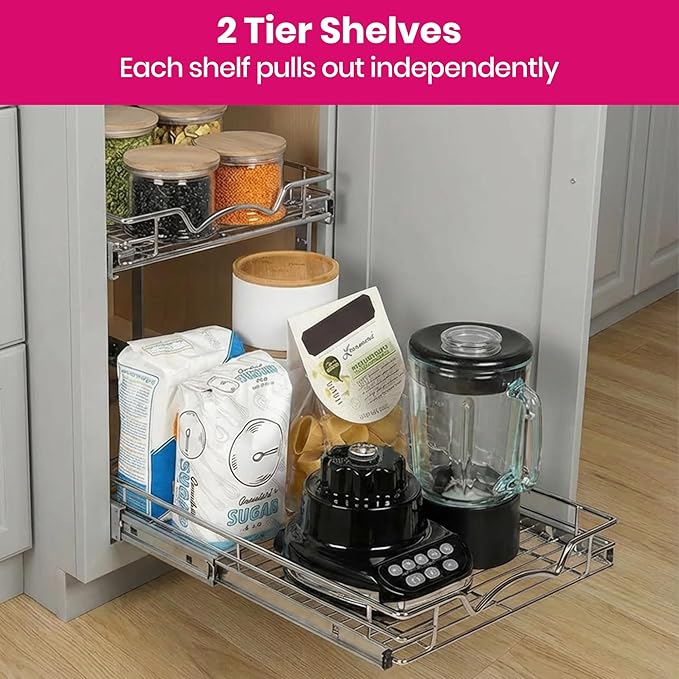 2-Tier Pull-Out Cabinet Organizer with Heavy-Duty Steel Frame, Full-Extension Sliding Shelves, Holds 100 lbs, Easy Install for Kitchen, Pantry & Under Sink Cabinets, 22" W x 21”D x 16.5" H