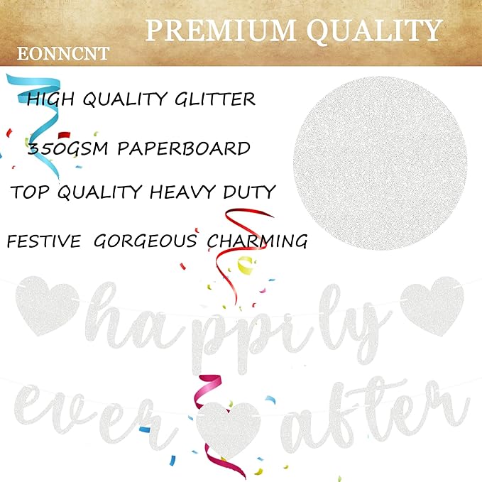 Pre-Strung Happily Ever After Banner - Silver Glitter Bachelorette Bridal Engagement Party Decoration Supplies, Bachelorette Wedding Party Banner for Engagement, Bridal Shower, Wedding Party Photo Booth Props