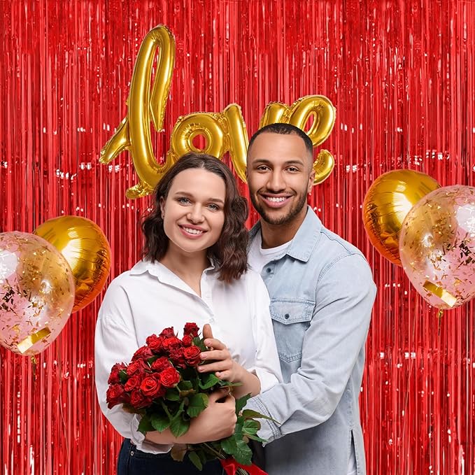 Christmas Decorations Thicken Red Streamers 2 Pack 3.2 x 8.2 FT, Red Birthday Decrorations Tinsel Backdrop Curtains, Foil Fringe Photo Backdrop for Casino, Carnival, Cherry Party Decorations