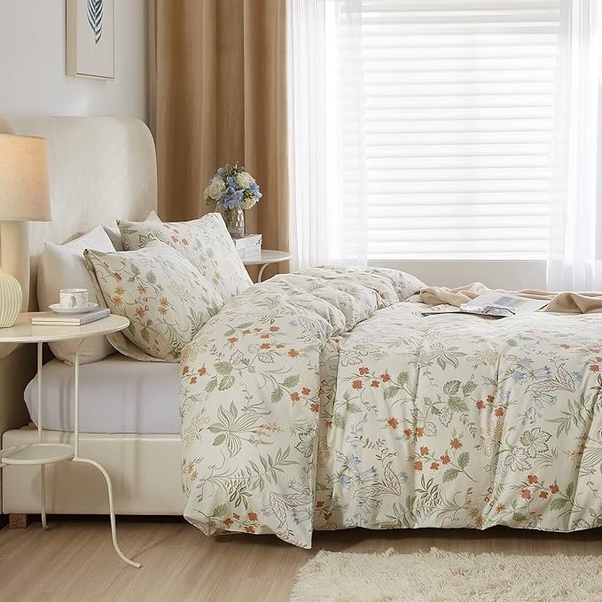 EAVD Vintage Floral Duvet Cover Queen Size White Soft 100% Cotton 3-Piece Chic Coquette Bedding Set with 2 Pillowcases Garden Botanical Floral Comforter Cover with Zipper Closure