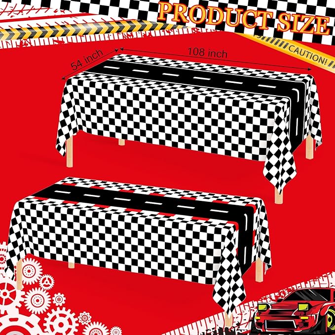 WNINK 6 Pack Race Car Table Cloth and Black White Gingham Tablecloths Disposable Plastic Buffalo Check Tablecloth Checkered Flag Covers for Birthday, Outdoor Picnic, Birthday, Camping 54 × 108 Inch