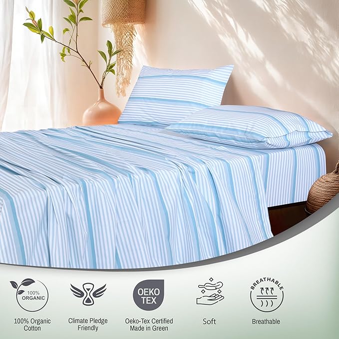 RUVANTI 100% Organic Cotton Sheets King Size, Percale Weave, GOTS Certified, 4-Piece Set, Deep Pocket 15", Crisp & Breathable, Soft Durable Bedding, Sábanas Algodón Orgánico – Nautical Stripes