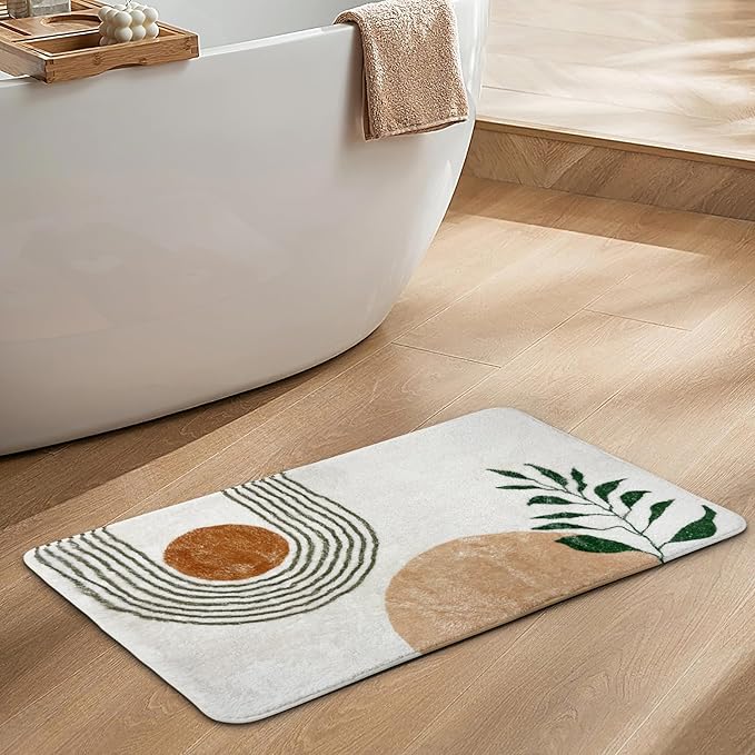 APROPHIC 17''x24 Boho Bath Rugs for Bathroom Decor Non-Slip Bath Mat Absorbent Plush Microfiber Soft Carpet Machine Washable Bath Mat for Bathrooms,Showers,Laundry Rooms,White and Green