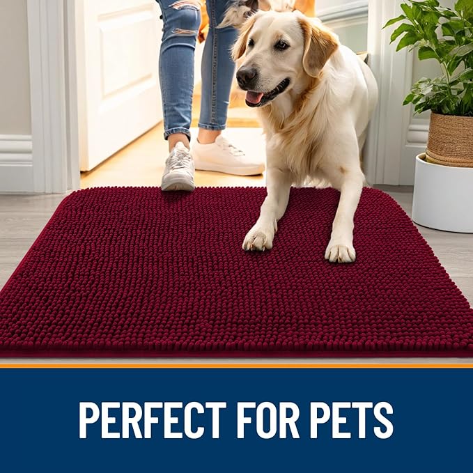 OLANLY Dog Door Mat for Muddy Paws 70x46, Absorbs Moisture and Dirt, Absorbent Non-Slip Washable Doormat, Quick Dry Chenille Mud Mat for Dogs, Entry Indoor Entryway Carpet for Inside Floor, Burgundy