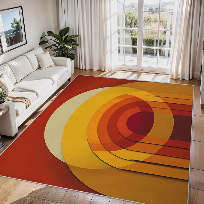 Mid Century Modern Rugs for Home Decor, 4x6 ft, Abstract Circle Area Rugs for Living Room, Soft Non Slip Washable Retro 70s Geometric Carpet Bedroom Decorations Dt-Ghf-69