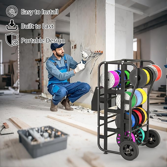 Tredre Wire Spool Rack with Wheels – Heavy Duty Cable Dispenser with 11 Rods, Mobile Wire Organizer Stand with Storage Box for Electrical & Workshop Use, Black