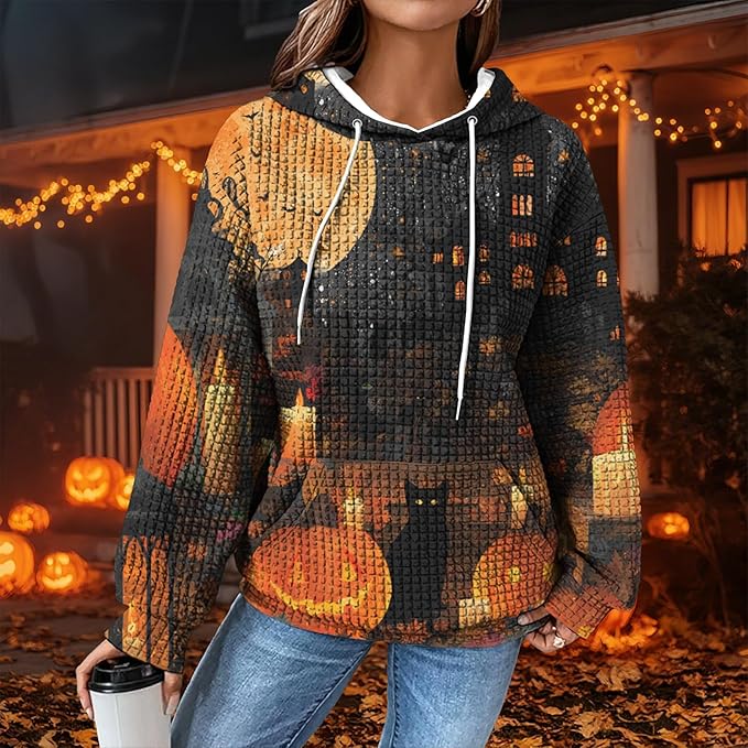 Halloween Sweatshirts for Women Novelty Graphic Drawstring Waffle Hoodies Loose Casual Pullover Tops with Pocket