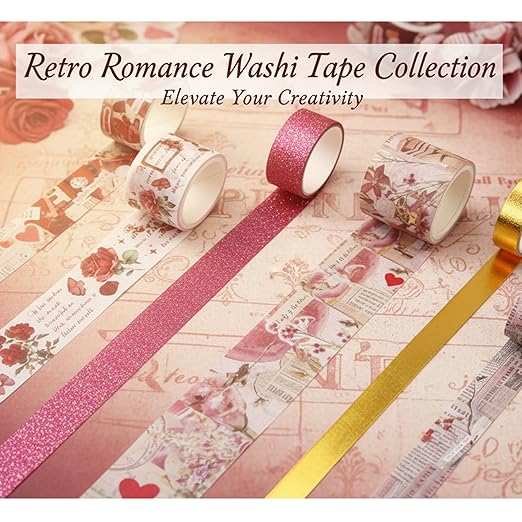 Washi Tape Set, 24 Rolls Red Vintage floral Journaling Supplies,for Christmas Valentine's Day Journaling Supplies Journal Scrapbook Tape, Bullet Journaling Scrapbooking Supplies, DIY Art Decorative