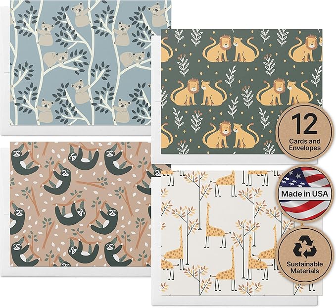 Twigs Paper - Assorted Animal Pattern Greeting Cards - Stationery Cards with Envelopes - Thank You Card - Blank Note Cards - Greeting Cards for All Occasions - Made in USA (5.5 x 4.25, Set of 12)