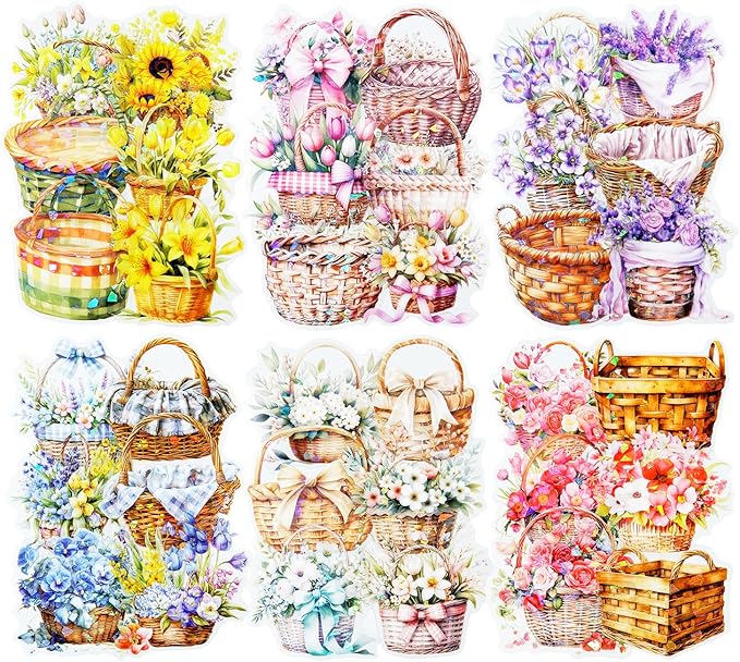 AuriicLeaf Floral Basket Holographic PET Sticker Set, 72Pcs Vintage Flower Stickers for Scrapbooking, Journaling, Junk Journal Supplies, and DIY Crafts