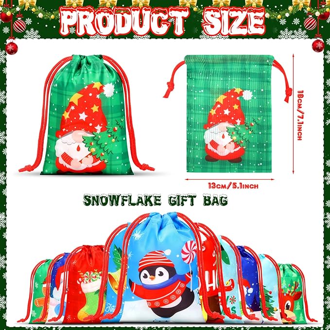 Xuniea 24 Pcs Christmas Party Favors Bags for Kids Drawstring Backpack Santa Claus Goodies Snack Treat Gift Bags Presents Wrapping for Xmas Winter Holiday Birthday Party (5.1 x 7.1 Inch)