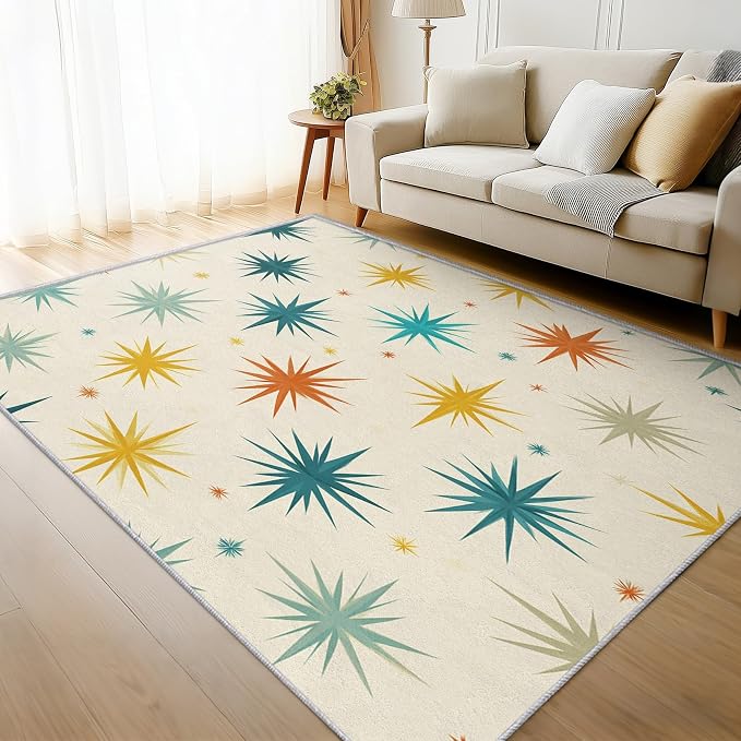 Mid Century Modern Rugs for Living Room Decor, 6x9 ft, Retro Starburst Atomic Area Rugs for Bedroom, Soft Non Slip Washable Geometric Sunburst Carpet Home Decorations D-g48