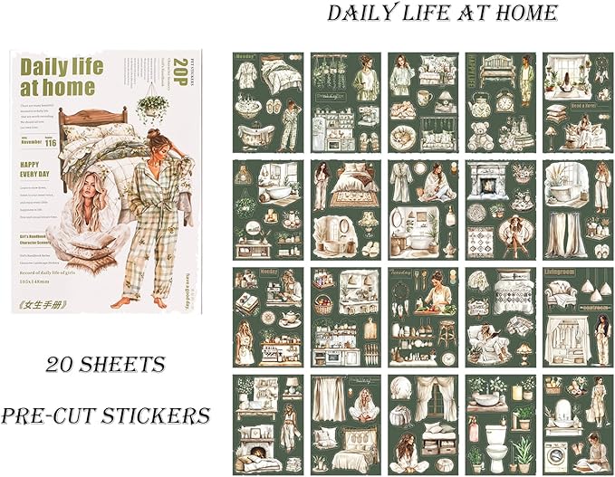 Auguro Scrapbooking Sticker 20 Sheets 120 Pre-Cut PET Daily Life at Home Girls People Stickers Books for journaling Scrapbook Supplies Transparent Stickers for journaling