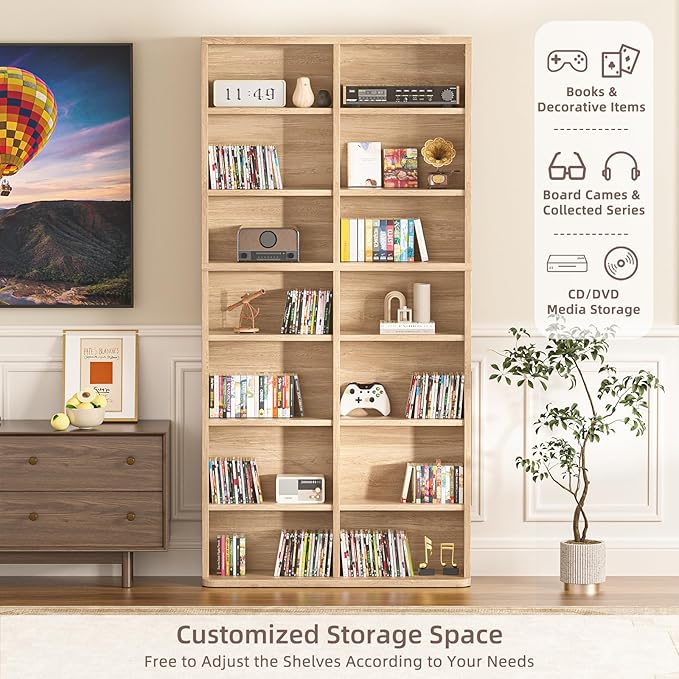 LELELINKY 7 Tier Tall Display Cabinet, Natural Media Storage Cabinet with Adjustable Shelves, Free Standing DVD Organizer Shelf, Floor multimedia storage manga bookshelf for Living Room & Home Office.