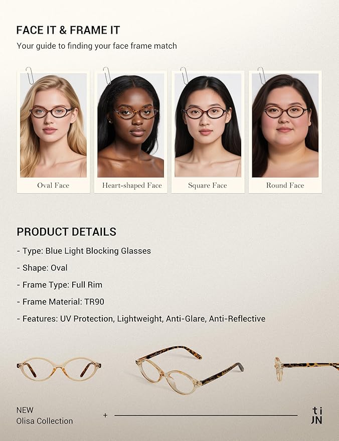 TIJN Olisa Blue Light Blocking Glasses for Women Men,Oval Glasses Frame Bluelight Glasses for Gaming/Computer/Screen
