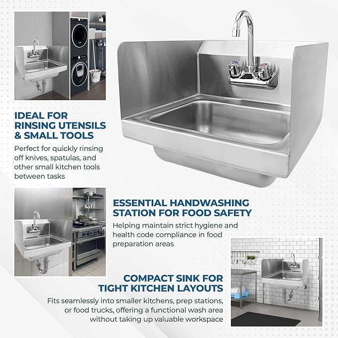 Express KitchQuip 15" x 17" Stainless Steel Wall Mount Hand Sink with Gooseneck Faucet & Side Splash – NSF Certified Commercial Handwashing Basin