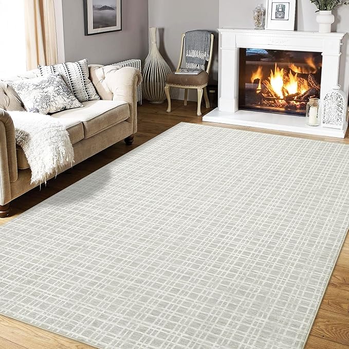 Washable Area Rugs 8x10 Rug for Living Room Modern Bedroom Rug Plaid Farmhouse Large Area Rug Non Slip Throw Rugs Soft Low Pile Stain Resistant Carpet for Dining Room 8'x10' Light Grey