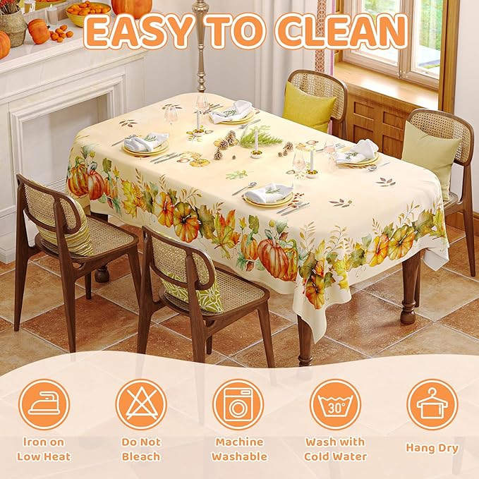 Fall Tablecloth Rectangle 60x84 Inch, Autumn Thanksgiving Harvest Orange Pumpkin Table Cloth Washable Spillproof Table Cover for Halloween Party, Picnic & Dinner Decor