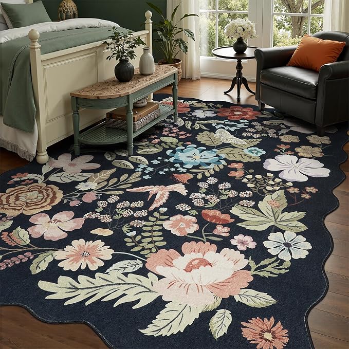 DCX Black Floral Rug 8x10, Washable Black Rug for Living Room, Kid & Pet Friendly with Rubber Back Non Slip, Soft Low Pile Carpet, Stain Resistant Rug for Bedroom, Nursery, Dining Room