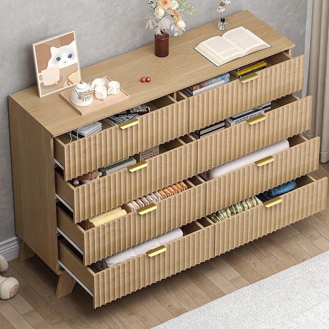 BORNOON Fluted 8 Drawer Tall Dresser, 47.2" Wide Modern Boho Chest of Drawers, Wooden Storage Dresser TV Stand for Bedroom, Living Room, Closet, Hallway, Curved Profile Design