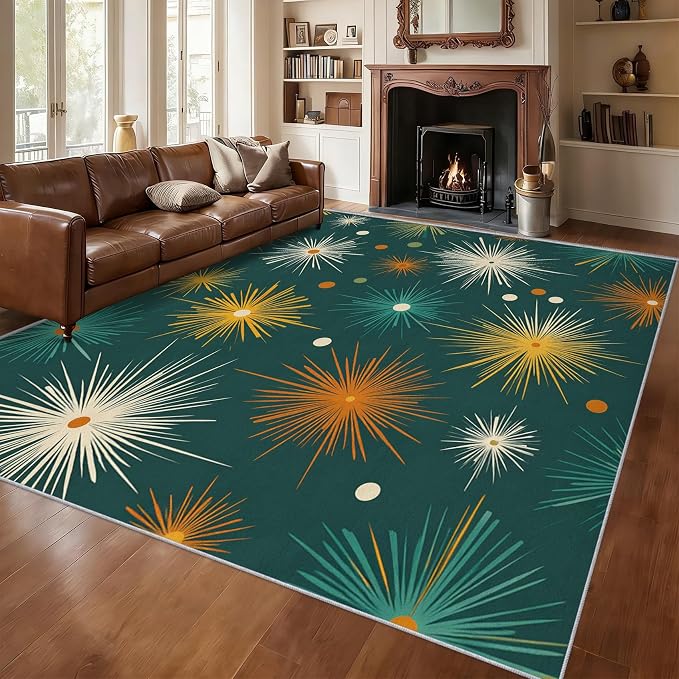 Abstract Atomic Rugs for Living Room Decor, 4x6 ft, MCM Geometric Starburst Area Rugs for Bedroom, Soft Non Slip Washable Mid Century Modern Carpet Home Decorations D-g48
