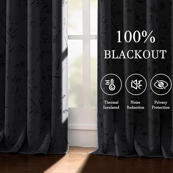 ChrisDowa 100% Blackout Floral Curtains 63 Inches Long 2 Panels for Bedroom Living Room Grey Flower Patterned Room Darkening Thermal Insulated Soundproof Grommet Window Treatments Drapes,52X63
