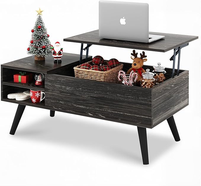WLIVE Wood Lift Top Coffee Table with Hidden Compartment and Adjustable Storage Shelf, Lift Tabletop Dining Table for Home Living Room, Office, Charcoal Black