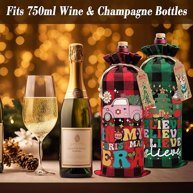24PCS Burlap Wine Bag Christmas Wine Gift Bags, Drawstring Retro Christmas Bottle Cover Gift Bag w/ Tag, Buffalo Plaid Wines Bags for Bottles Gifts Reusable Bottle Covers for Xmas Holiday Party Decor