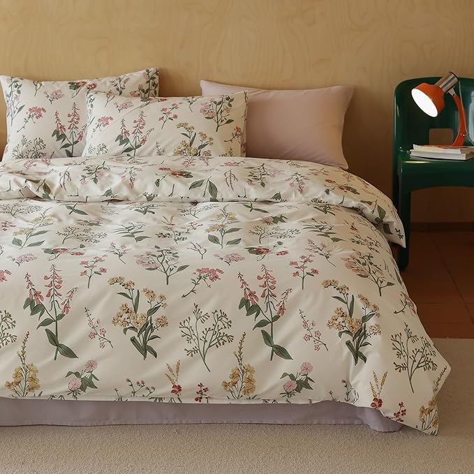 HighBuy Botanical Floral Comforter Set Queen - Pink Yellow Flower Cottagecore Coquette Bedding Comforter Set 3 Piece for Women Girls Boho Chic Fluffy Comforter Queen Size Aesthetic Bedding