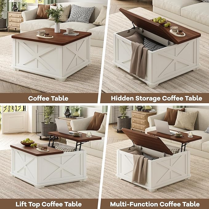 Airynee Farmhouse Coffee Table, 31.5" Lift Top Coffee Table with Storage, Square Coffee Tables for Living Room, Wooden Coffee Tables with Brown Flip-Top Lids for Home Office, White