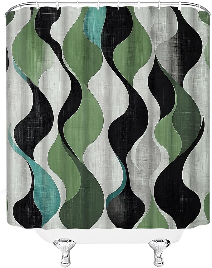 Mid Century Shower Curtain Boho Minimalist Modern Abstract Aesthetic Geometric Striped Atomic Retro Earthy Fabric Bathroom Decor Set with Hooks(70" Wx84 H)