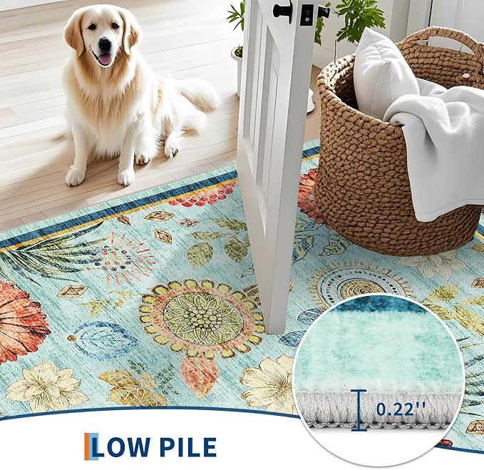 Washable 9x12 Vintage Floral Area Rug Non Shedding Living Room Large Carpet Non Slip Modern Botanical Solid Indoor Carpets Low Pile Floral Rug Soft Thin Mat for Classroom Dining Room, Blue