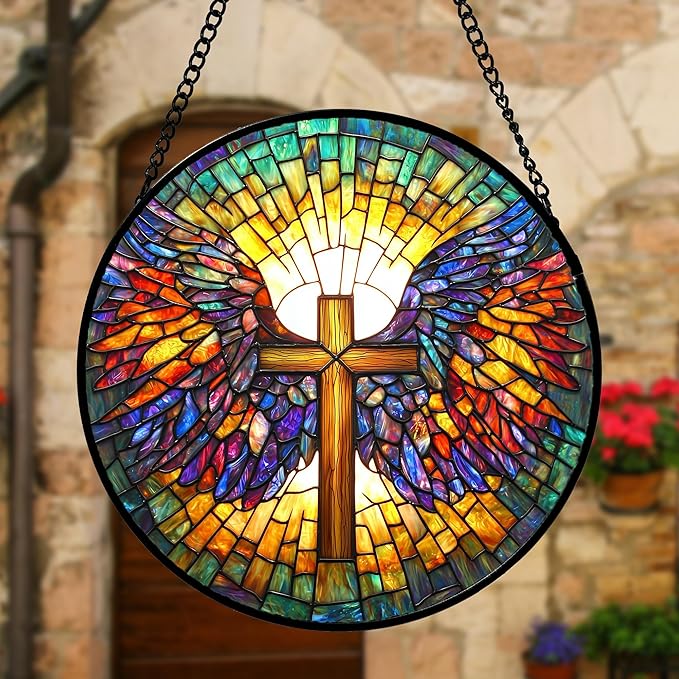 Stained Glass Window Hanging - Jesus Cross Wings Suncatcher Ready to Hang Window Doors Home Decoration and Christmas, Mother's Day Birthday Gifts for Women, Men, and Mom 6.3x6.3 in