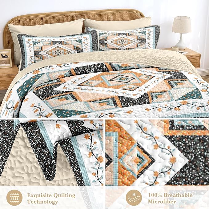 Quilt Set King Size, Farmhouse Floral 3 Pcs Soft Bed Cover Bedding Set, Boho Rustic Geometric Lightweight Bedspread Coverlet with 2 Pillow Sham for All Season