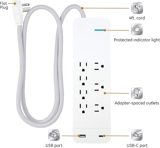 GE UltraPro 7 Outlet Surge Protector, USB-C Charging, 4 ft Designer Braided Extension Cord, 1440 Joules, ETL Listed, White, 41355
