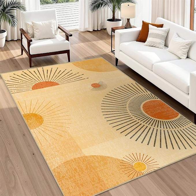 8x10 Large Area Rug for Living Room Sun Rug Mid Century Modern Rugs Machine Washable Boho Geometric Rug Non Slip Printed Low Pile Indoor Floor Carpet for Dining Room Bedroom Office,Yellow